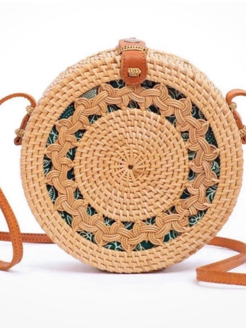 Round Woven Rattan Crossbody Bag with Tan Leather Trim